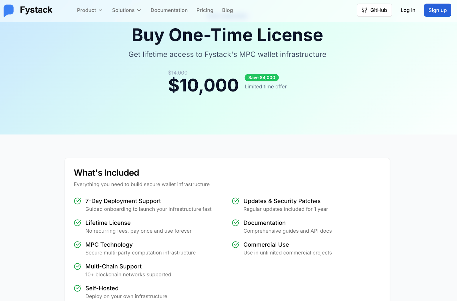 Fystack’s one-time license ($10,000 for unlimited wallet, AUM w/ exclusive offer available)