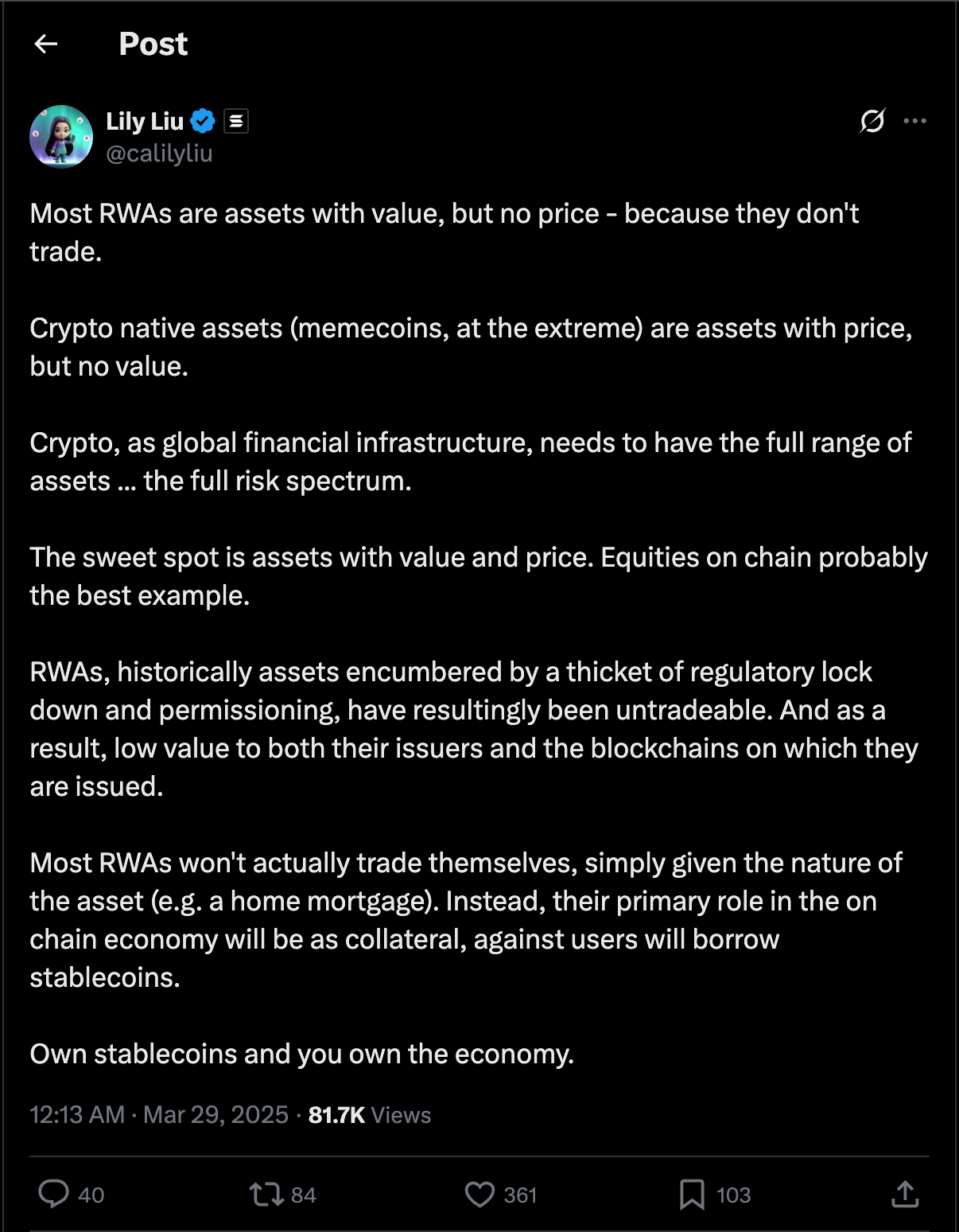 Solanda Foundation's Co-founder tweet on the current RWA's situation