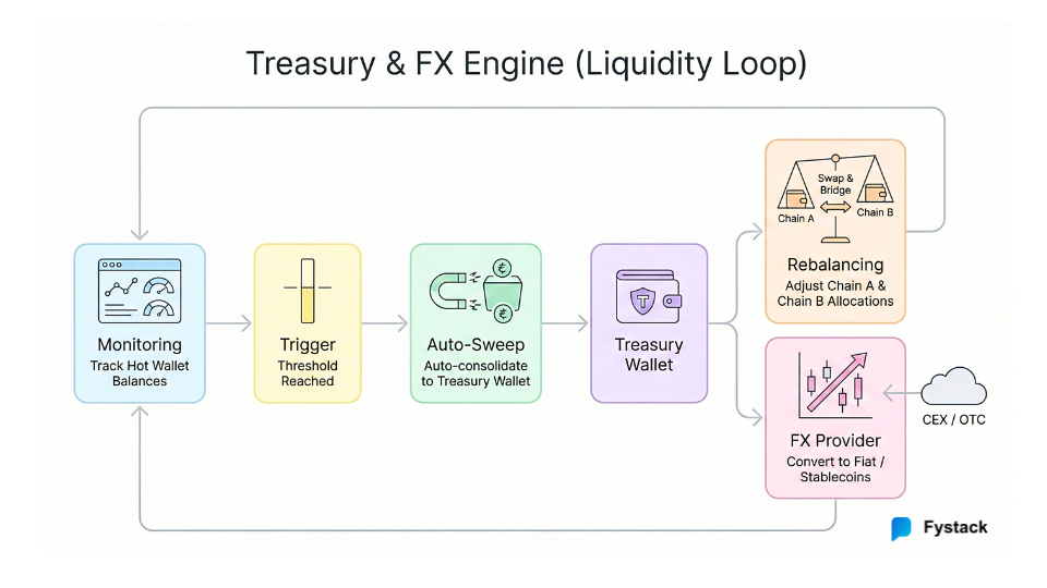 FX engine, liquidity management, cross-chain rebalancing, compliance engine,