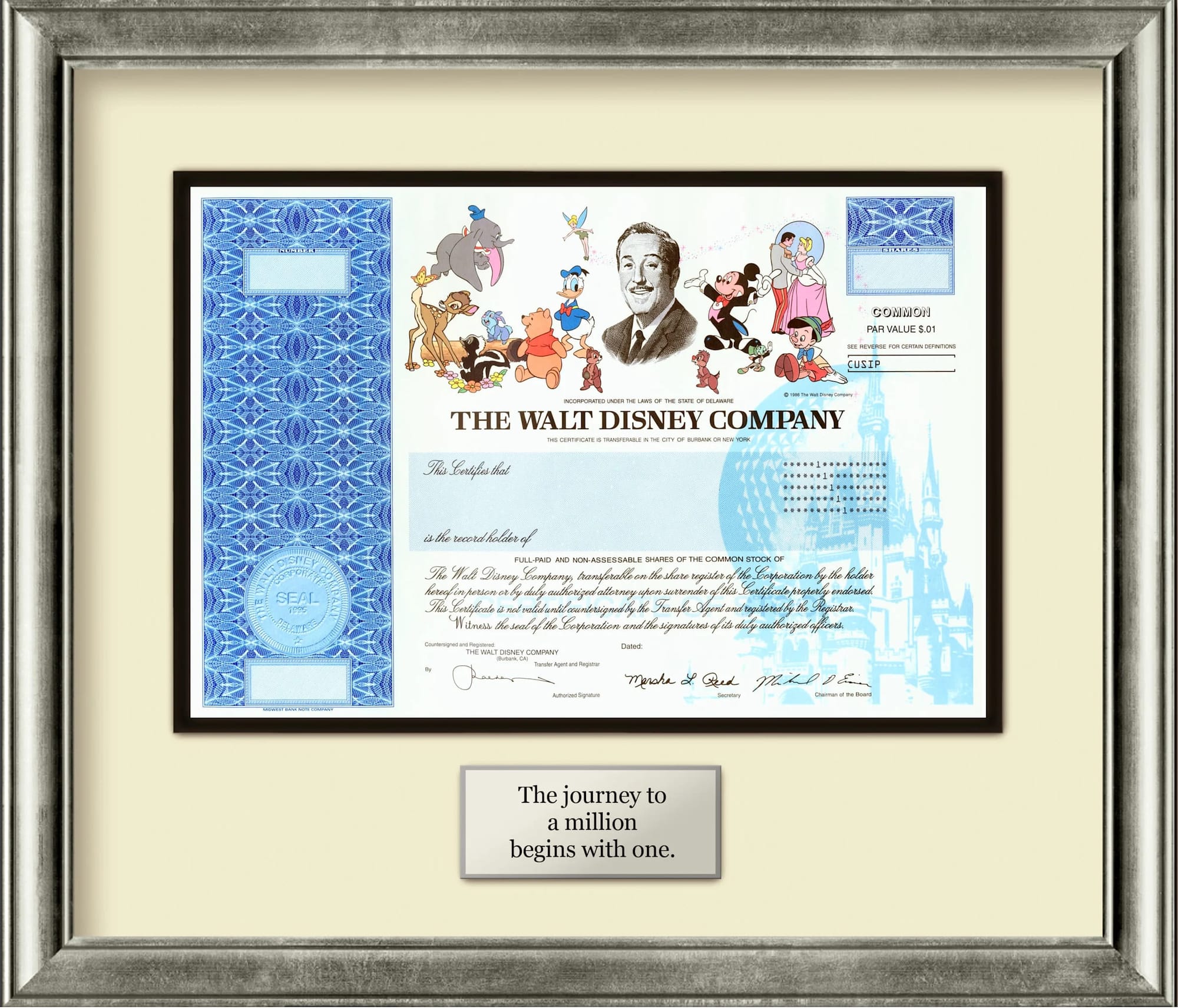 The Walt Disney Compnay's Stock Certificate with Full-color Illustrations (Source: Yahoo)
