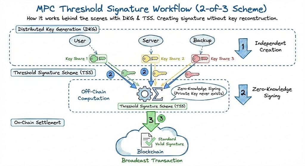  MPC Threshold Signature Workflow (2-of-3 Scheme)