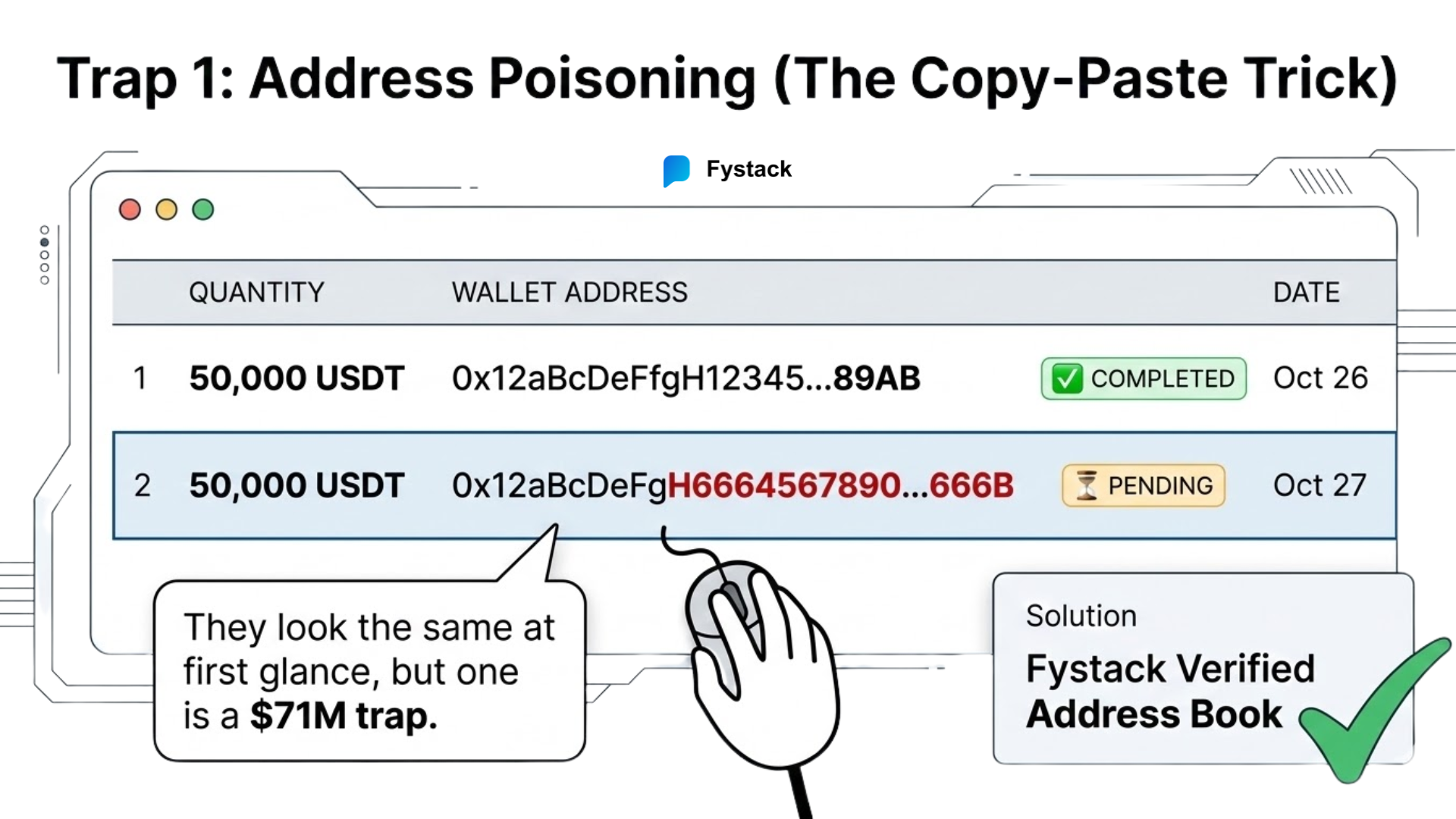 Address Poisoning attack diagram in B2B stablecoin payments causing copy-paste errors and corporate treasury loss.