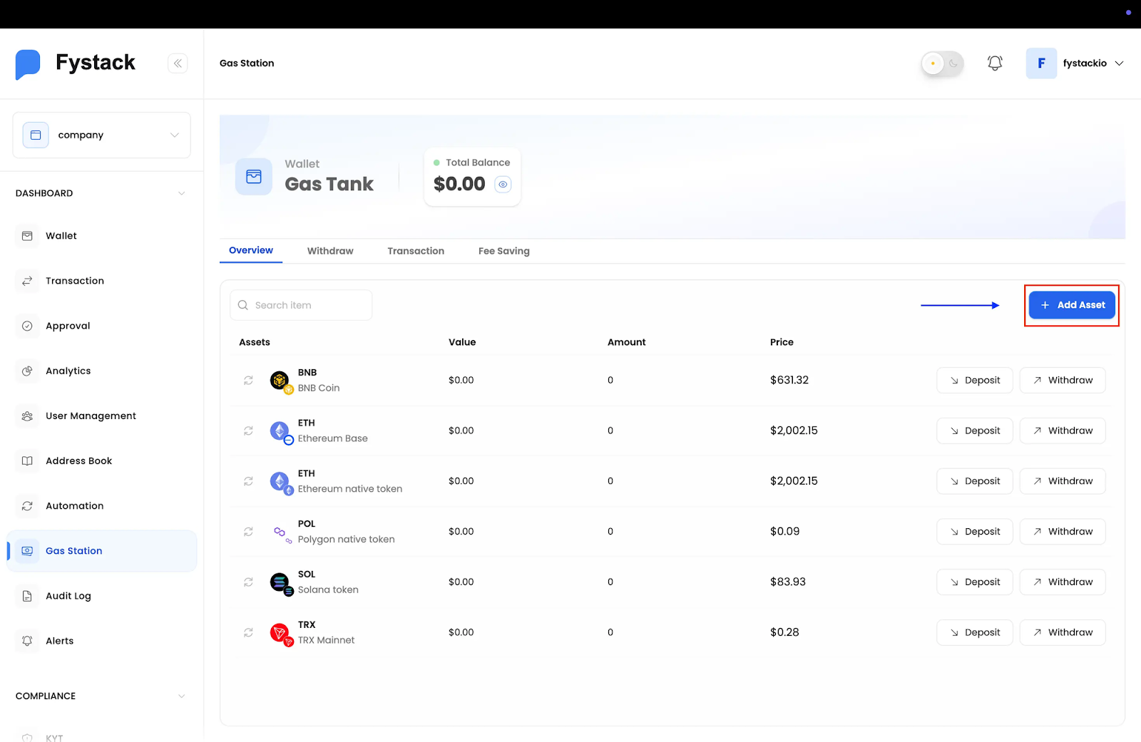  View gas balances across all supported networks (BNB, ETH, POL, SOL, TRX, and more) from a single dashboard.