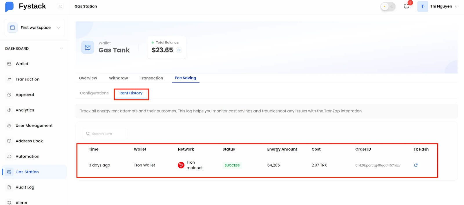 Gas Station also provides a Rent History log for auditing energy rentals.