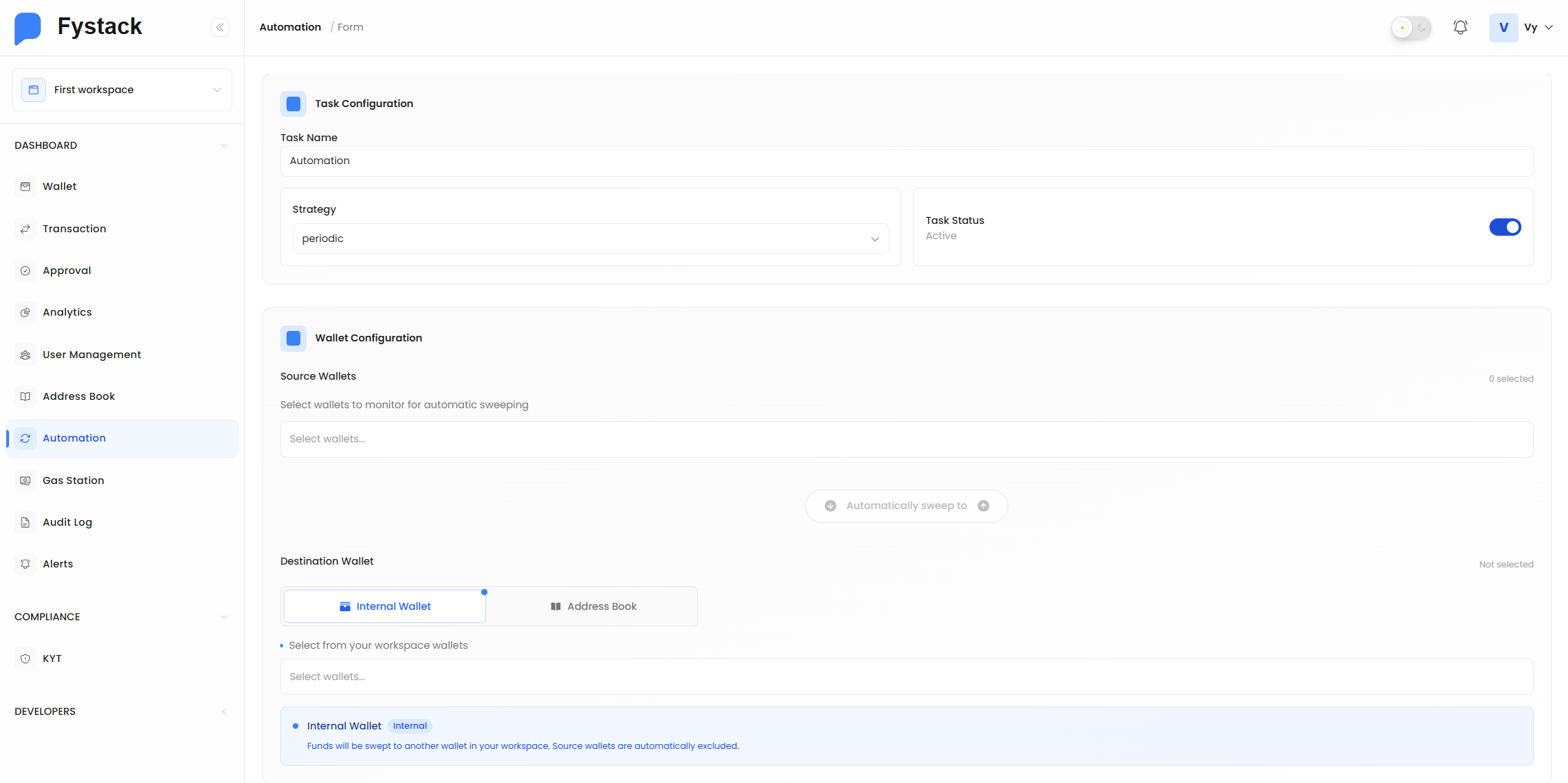 Sweep automation engine - Fystack