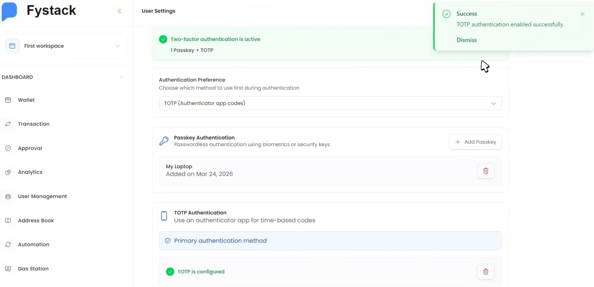 Fystack supports Passkey as the primary authentication method, built on public-key cryptography.