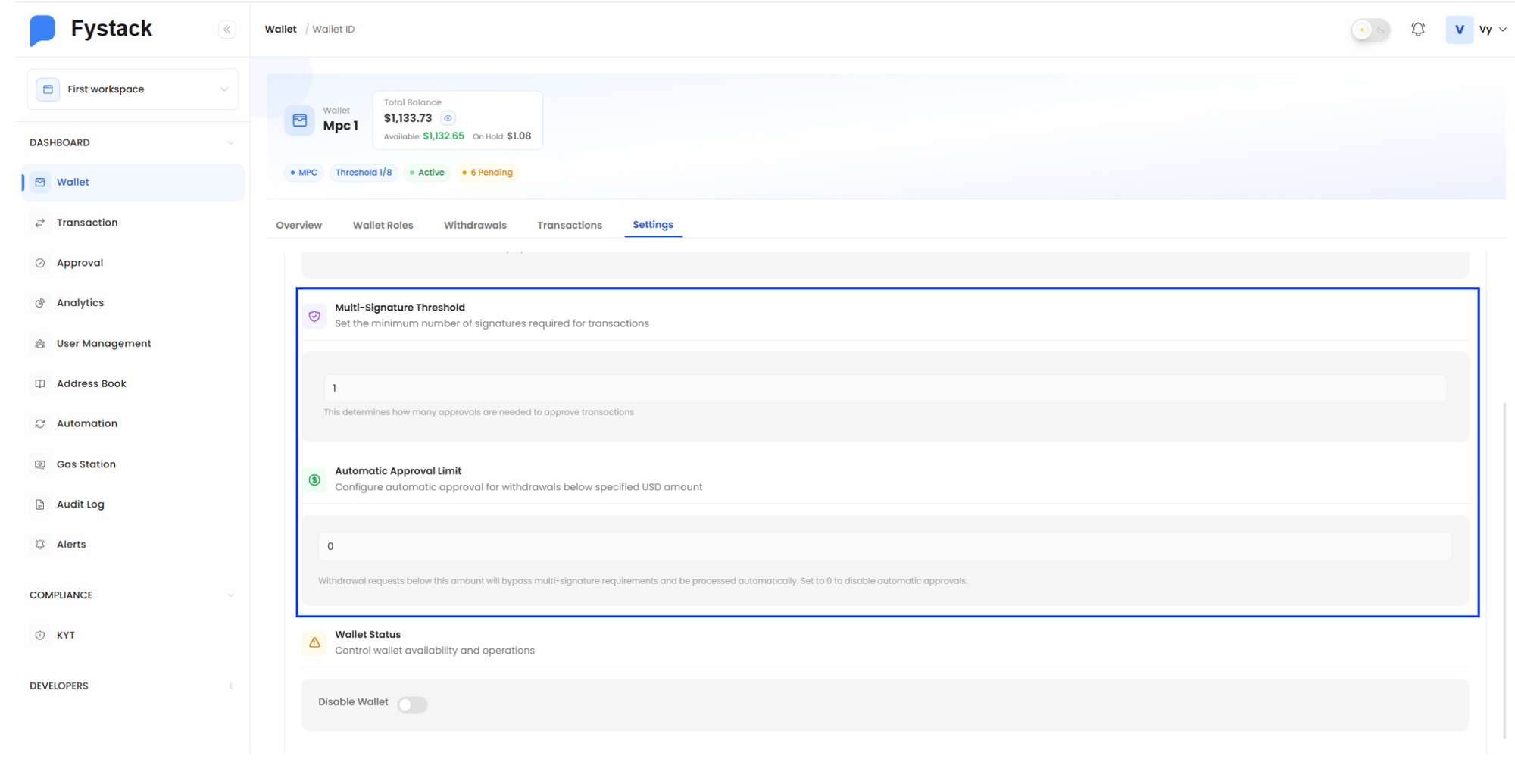 set an automatic approval limit for BTC withdrawals.