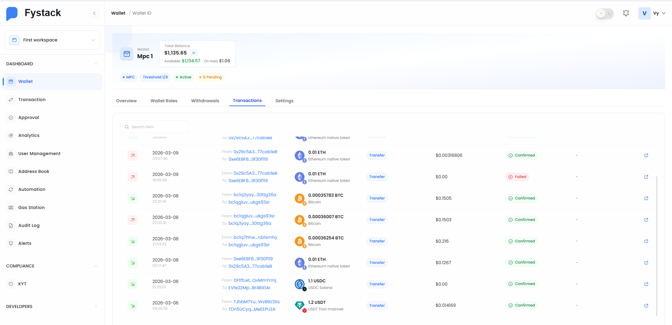 deposit BTC directly into their Fystack wallets.