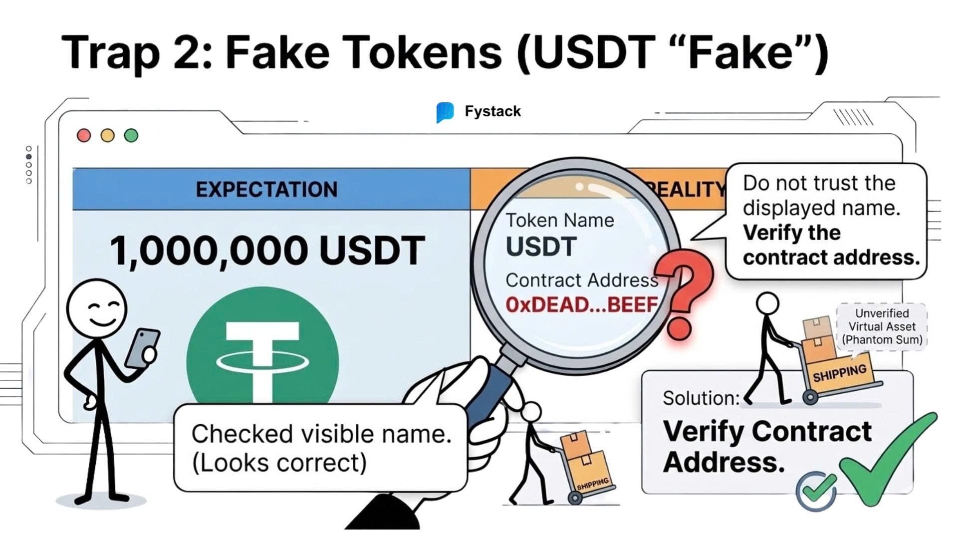 Fake USDT token fraud detection through contract address verification for secure corporate crypto treasury management.