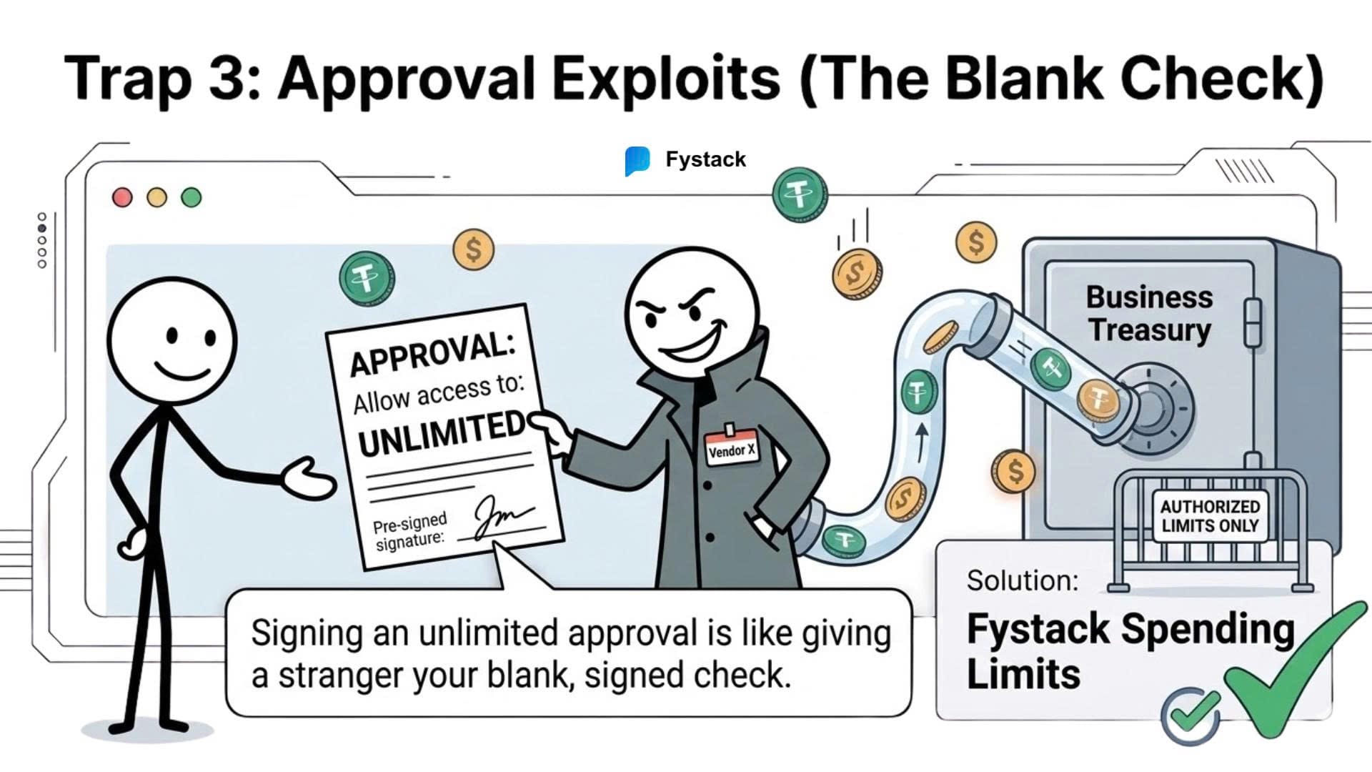 Approval exploit risks from unlimited token permissions vs. Fystack multi-sig policy engine for enterprise security.