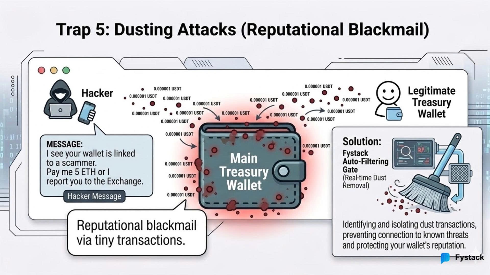 Dusting attack reputation blackmail via micro-transactions and automated transaction filtering infrastructure.