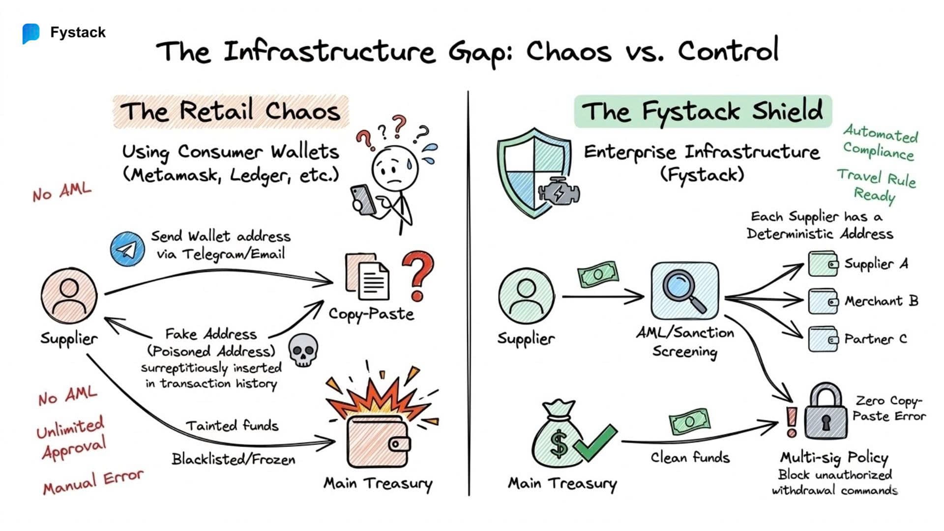 Comparison of retail wallet risks vs. Fystack Shield enterprise infrastructure for B2B stablecoin compliance and Travel Rule readiness.