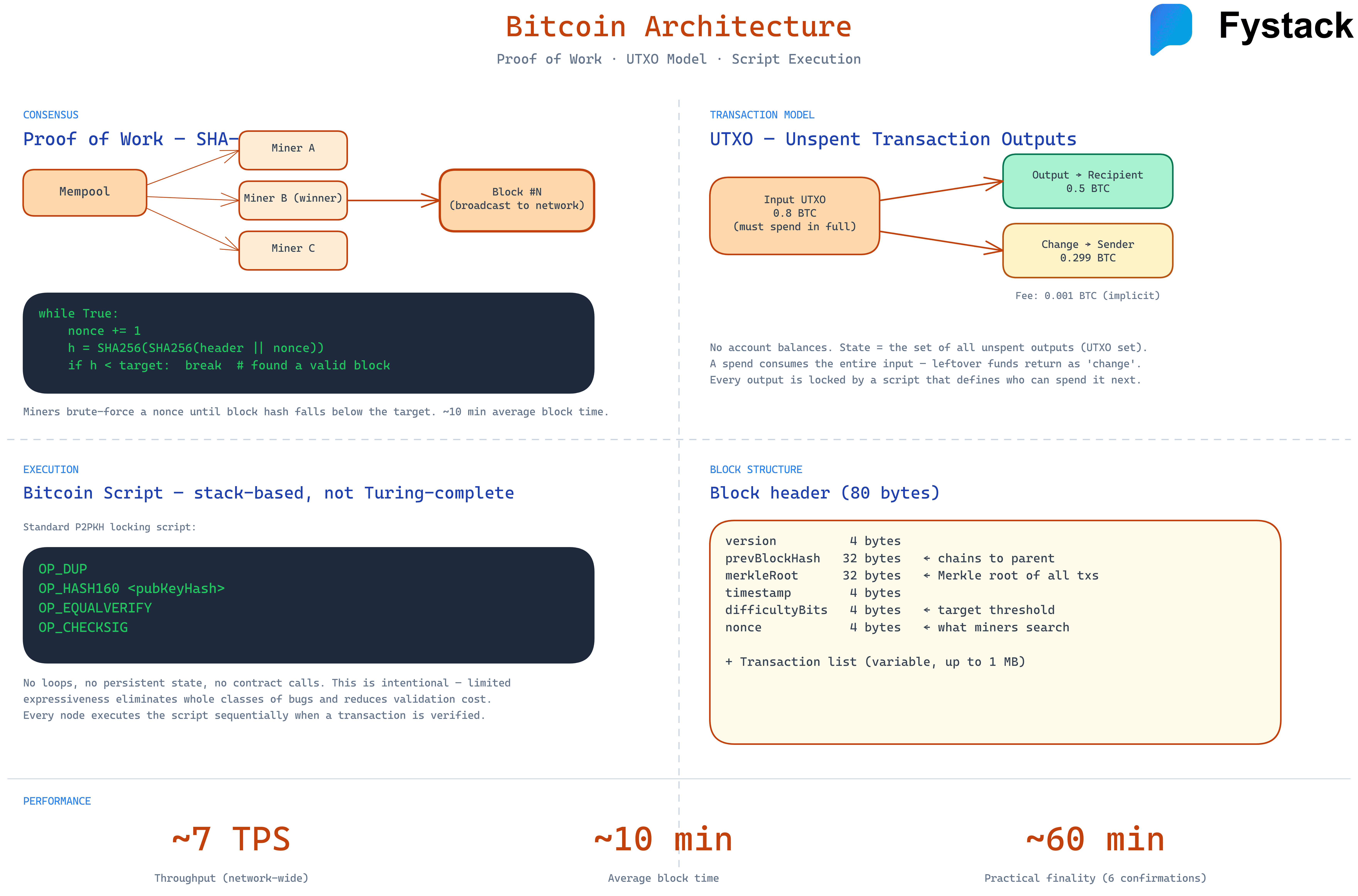 Bitcoin architecture diagram showing Proof of Work mining flow, UTXO transaction model, Bitcoin Script execution, and 80-byte block header structure