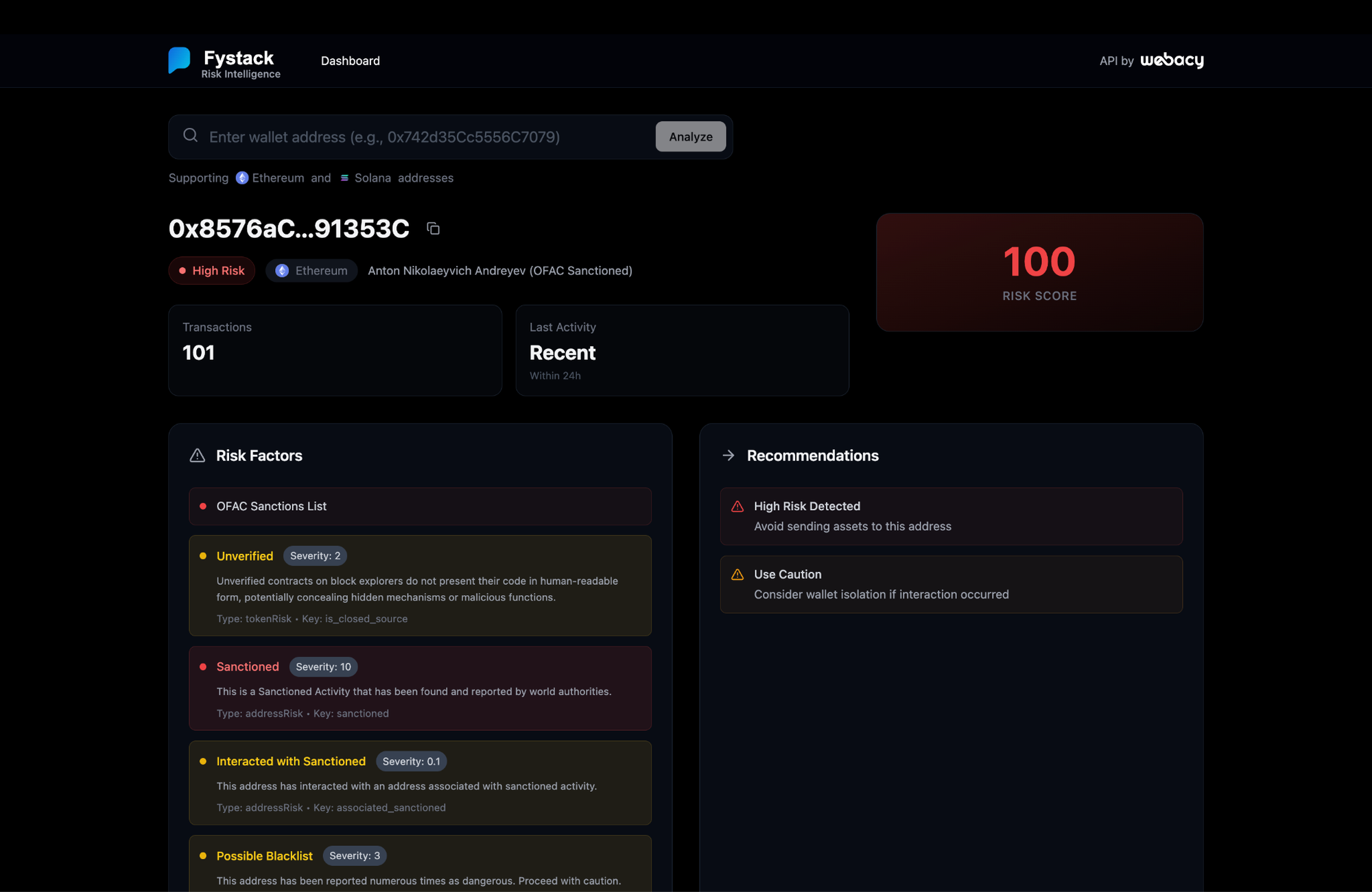Fystack's Risk Assessment Dashboard